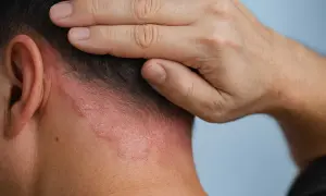 Nära bild på en persons nacke med rodnad och flagnande hud, troligen eksem eller psoriasis. En hand vilar mot huvudet.