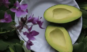 En skål med avokadohalvor, omgiven av lila blommor och gröna blad. Perfekt för en naturlig avokadoolja ansikte-rutin.
