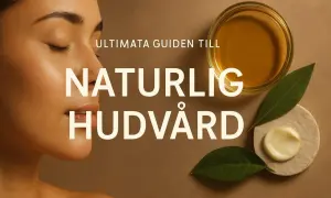 Ultimata guiden till naturlig hudvård utan kemikalier. En kvinna med slutna ögon bredvid en skål med olja och en burk kräm.