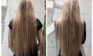 Före och efter hårinpackning med olja. Långt, blont hår som ser friskare och glansigare ut efter behandlingen.