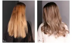 Före: orange hår. Efter: extra ljus askblond med mjuk ombre.