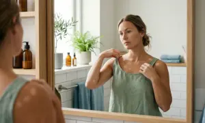 Kvinna med vitiligo, som ser sig i spegeln. Hennes hud har fläckar som liknar svamp på rumpan.