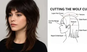 En kvinna med en mörk, texturerad wolf cut. Bredvid en illustration som visar hur man klipper en wolf cut.