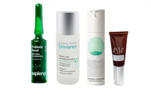Probiotika hudvård: en grön ampull, en flaska med Exuviance Probiotic Lysate, en flaska med SKINOME PROJECT Mineral Cleanser och en brun tub med Esse Sensitive Serum.