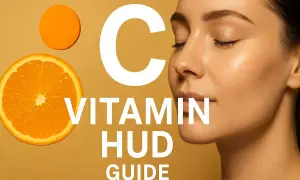 En närbild på en kvinna med slutna ögon bredvid en apelsinskiva och texten "C VITAMIN HUD GUIDE".