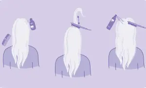 Steg för steg: spraya, tupera håret med en borste och spraya igen för volym.