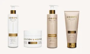 En samling av Bobby's Hair Care-produkter, inklusive en bra hårinpackning, för att ge näring och fukt till håret.