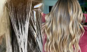 Split image showing hair being highlighted on the left and finished balayage highlights on the right.