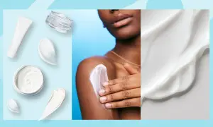 Krämer och lotions, inklusive karbamid för ansiktet, visas i olika behållare och appliceras på huden.