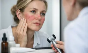 Kvinna med rodnad i ansiktet undersöker sin hud, redo för rosacea behandling.