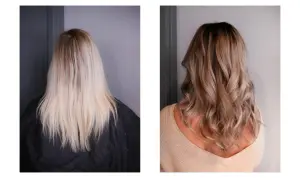 Före och efter: blont hår med bruna slingor hemma. Vackert, naturligt resultat med djup och glans.