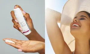 En hand applicerar kräm med SPF 50, bredspektrumskydd mot UVA och UVB, på en annan hand. I bakgrunden ler en kvinna glatt i solljus.