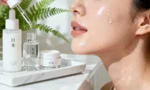 En droppe serum faller mot en glänsande hud, omgiven av japanska skönhetsprodukter.
