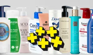 En rad med olika body lotions, inklusive L'Occitane, Weleda, ACO, CeraVe, Dove, Löwengrip, Rituals, Eucerin och Nivea. Perfekt för att hitta din nya favorit body lotion.
