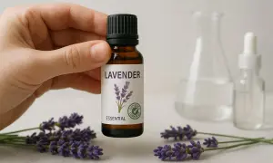 En hand håller en flaska lavendelolja, perfekt för ansiktet. Lavendelblommor ligger runt flaskan.