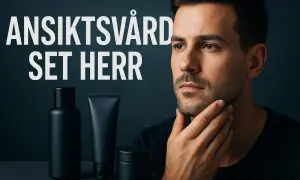 Ansiktsvård för män. En man med fet hy rör vid sitt skägg. Bredvid honom står tre svarta flaskor med hudvårdsprodukter.