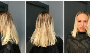 Tunt hår med gardinlugg, blont och lite ostylat. Hon ser lite skeptisk ut.