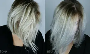 Före och efterbilder visar en mellanblond toning på blekt hår. Håret har fått en kallare, silveraktig ton.