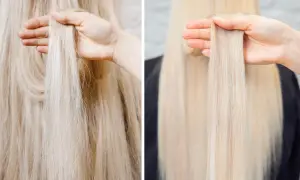 Före och efterbild på blont hår. Vänster: torrt och frissigt. Höger: slätt och glansigt efter behandling med kreatin för hår.