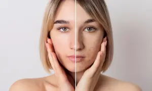 Före- och efterbild på en kvinna som visar effekten av hormonell akne. Vänster sida visar klar hud, höger sida visar utbrott.