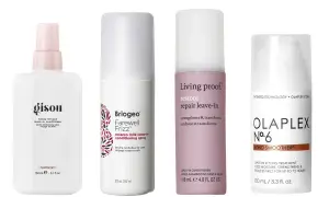 Fyra leave-in-produkter för håret: Gisou, Briogeo, Living Proof och Olaplex. Perfekta för att bekämpa torra toppar och ge glans.