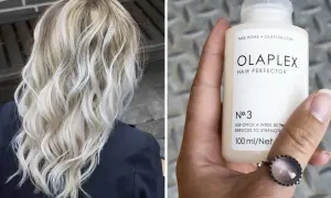 Vacker blont hår som stylats med vågor. En hand håller en flaska Olaplex No. 3, en hårbehandling för styrka.