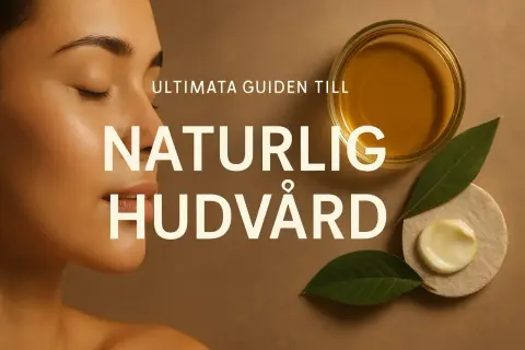 Ultimata guiden till naturlig hudvård utan kemikalier. En kvinna med slutna ögon bredvid en skål med olja och en burk kräm.