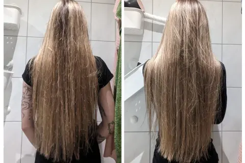Före och efter hårinpackning med olja. Långt, blont hår som ser friskare och glansigare ut efter behandlingen.