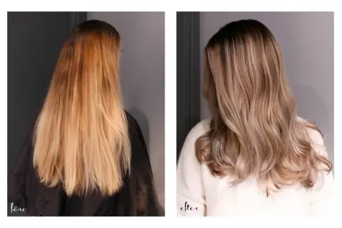 Före: orange hår. Efter: extra ljus askblond med mjuk ombre.
