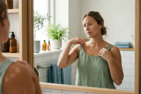 Kvinna med vitiligo, som ser sig i spegeln. Hennes hud har fläckar som liknar svamp på rumpan.