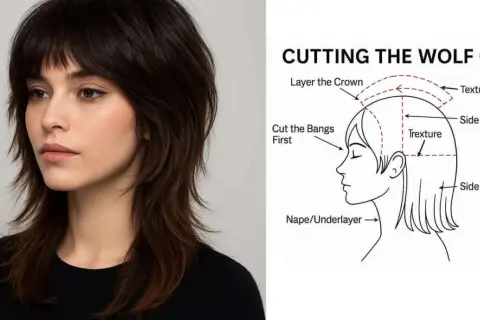En kvinna med en mörk, texturerad wolf cut. Bredvid en illustration som visar hur man klipper en wolf cut.