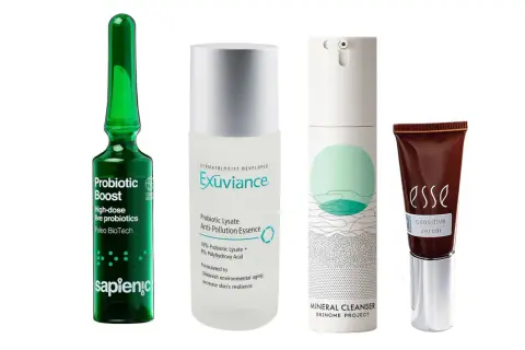 Probiotika hudvård: en grön ampull, en flaska med Exuviance Probiotic Lysate, en flaska med SKINOME PROJECT Mineral Cleanser och en brun tub med Esse Sensitive Serum.