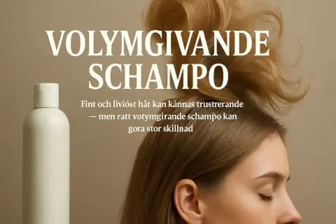 Volymgivande schampo med naturliga ingredienser för fint och livlöst hår. En flaska schampo och en kvinna med voluminöst hår.