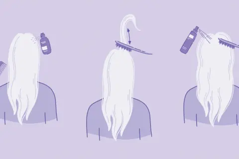 Steg för steg: spraya, tupera håret med en borste och spraya igen för volym.