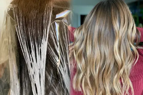 Split image showing hair being highlighted on the left and finished balayage highlights on the right.