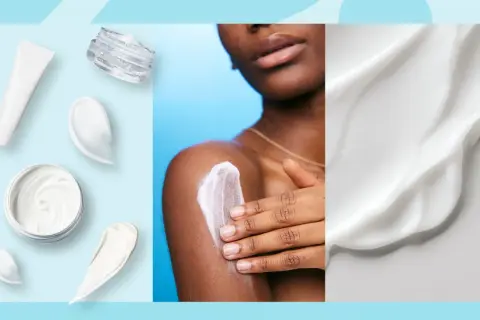 Krämer och lotions, inklusive karbamid för ansiktet, visas i olika behållare och appliceras på huden.