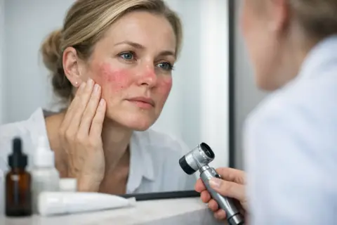 Kvinna med rodnad i ansiktet undersöker sin hud, redo för rosacea behandling.