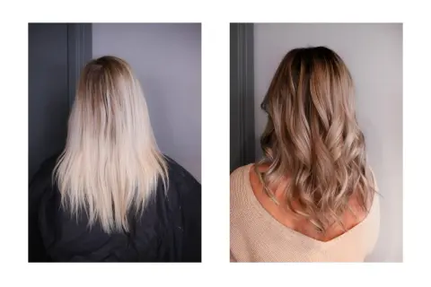 Före och efter: blont hår med bruna slingor hemma. Vackert, naturligt resultat med djup och glans.