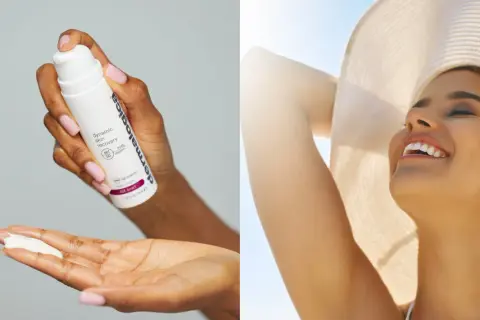 En hand applicerar kräm med SPF 50, bredspektrumskydd mot UVA och UVB, på en annan hand. I bakgrunden ler en kvinna glatt i solljus.