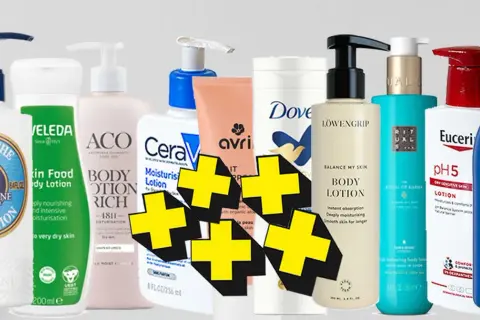 En rad med olika body lotions, inklusive L'Occitane, Weleda, ACO, CeraVe, Dove, Löwengrip, Rituals, Eucerin och Nivea. Perfekt för att hitta din nya favorit body lotion.