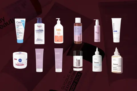 Samling av hudvårdsprodukter för keratosis pilaris behandling, inklusive krämer, lotions och exfolierande stift.