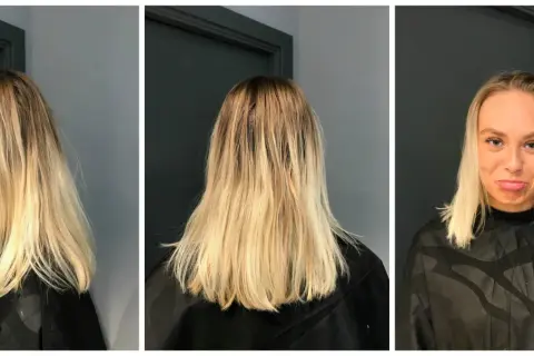 Tunt hår med gardinlugg, blont och lite ostylat. Hon ser lite skeptisk ut.