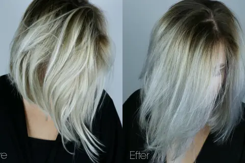 Före och efterbilder visar en mellanblond toning på blekt hår. Håret har fått en kallare, silveraktig ton.