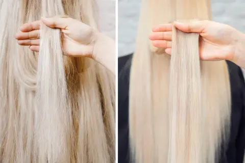 Före och efterbild på blont hår. Vänster: torrt och frissigt. Höger: slätt och glansigt efter behandling med kreatin för hår.