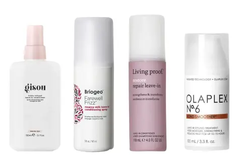 Fyra leave-in-produkter för håret: Gisou, Briogeo, Living Proof och Olaplex. Perfekta för att bekämpa torra toppar och ge glans.