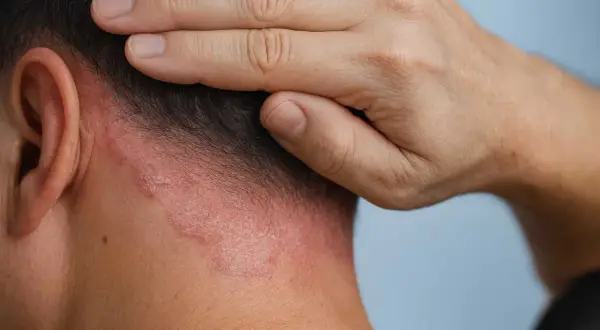 Nära bild på en persons nacke med rodnad och flagnande hud, troligen eksem eller psoriasis. En hand vilar mot huvudet.