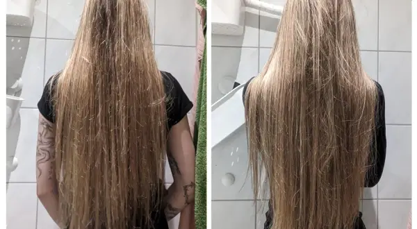 Före och efter hårinpackning med olja. Långt, blont hår som ser friskare och glansigare ut efter behandlingen.