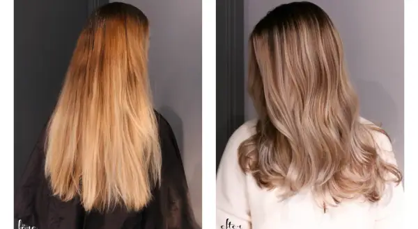 Före: orange hår. Efter: extra ljus askblond med mjuk ombre.