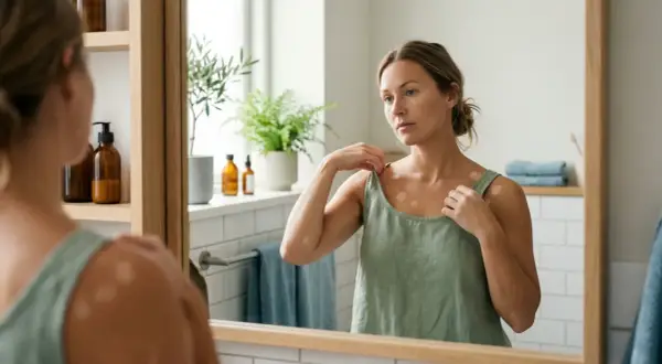 Kvinna med vitiligo, som ser sig i spegeln. Hennes hud har fläckar som liknar svamp på rumpan.