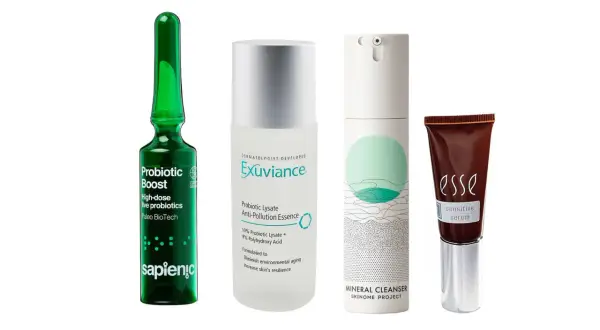 Probiotika hudvård: en grön ampull, en flaska med Exuviance Probiotic Lysate, en flaska med SKINOME PROJECT Mineral Cleanser och en brun tub med Esse Sensitive Serum.